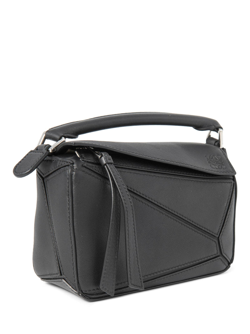 Loewe Logo Leather Mini Puzzle Messenger Bag Black Silver-designer resale