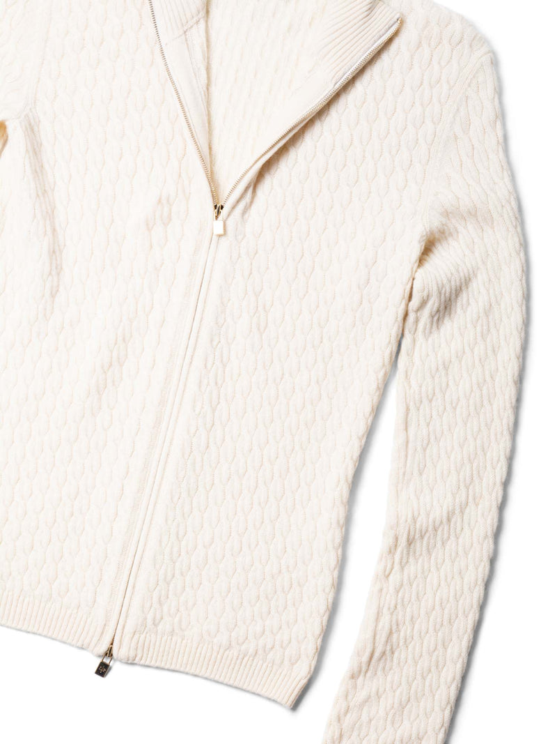 Loro Piana Baby Cashmere Cable Knit Zippered Sweater Ivory Gold-designer resale