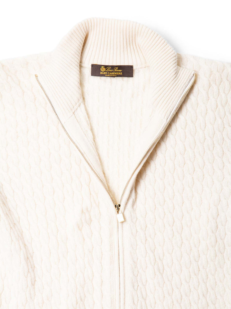 Loro Piana Baby Cashmere Cable Knit Zippered Sweater Ivory Gold-designer resale