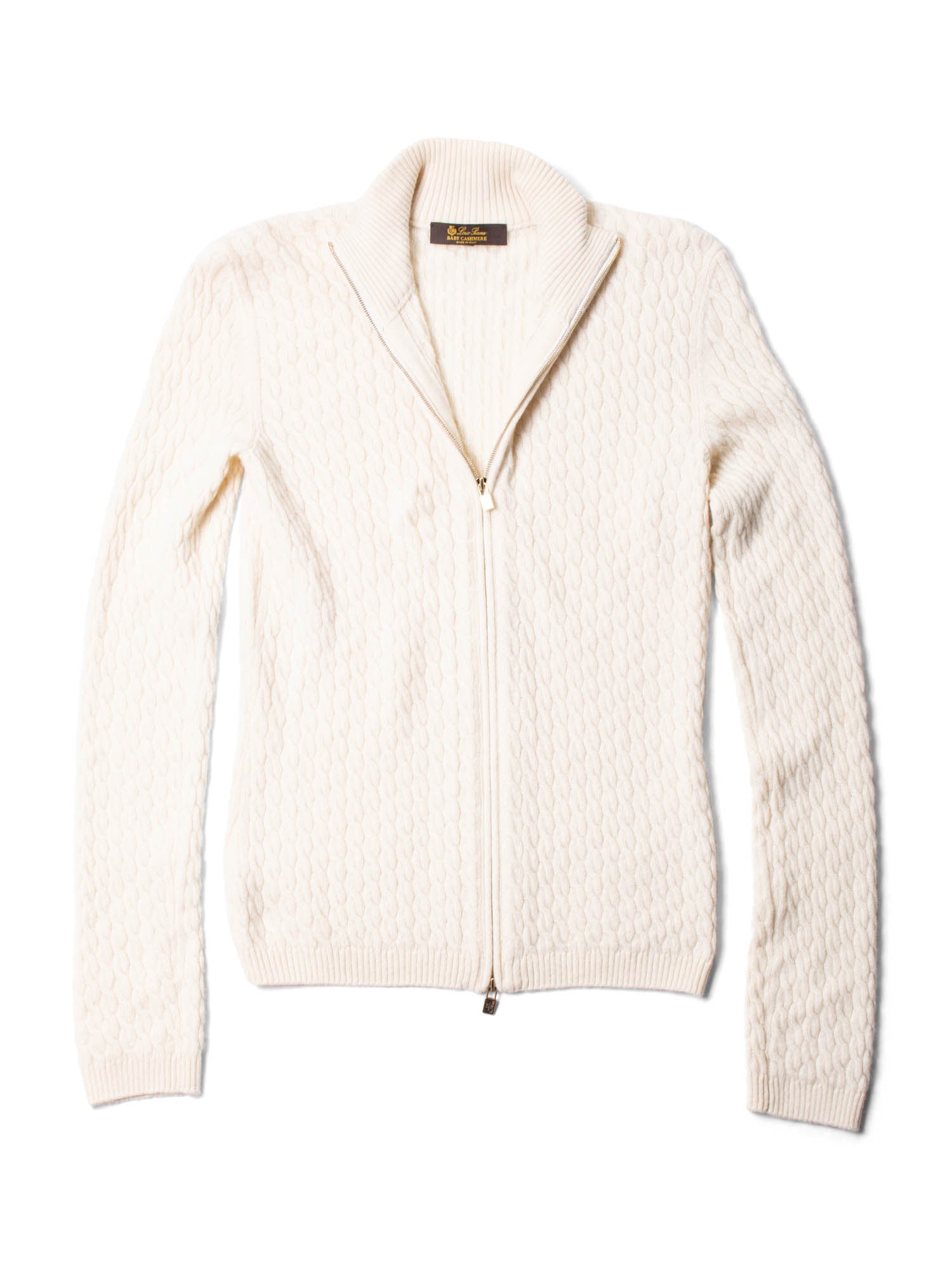 Loro Piana Baby Cashmere Cable Knit Zippered Sweater Ivory Gold-designer resale