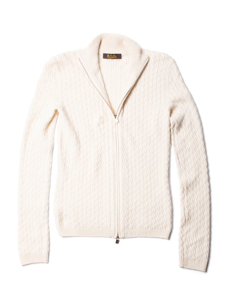 Loro Piana Baby Cashmere Cable Knit Zippered Sweater Ivory Gold-designer resale