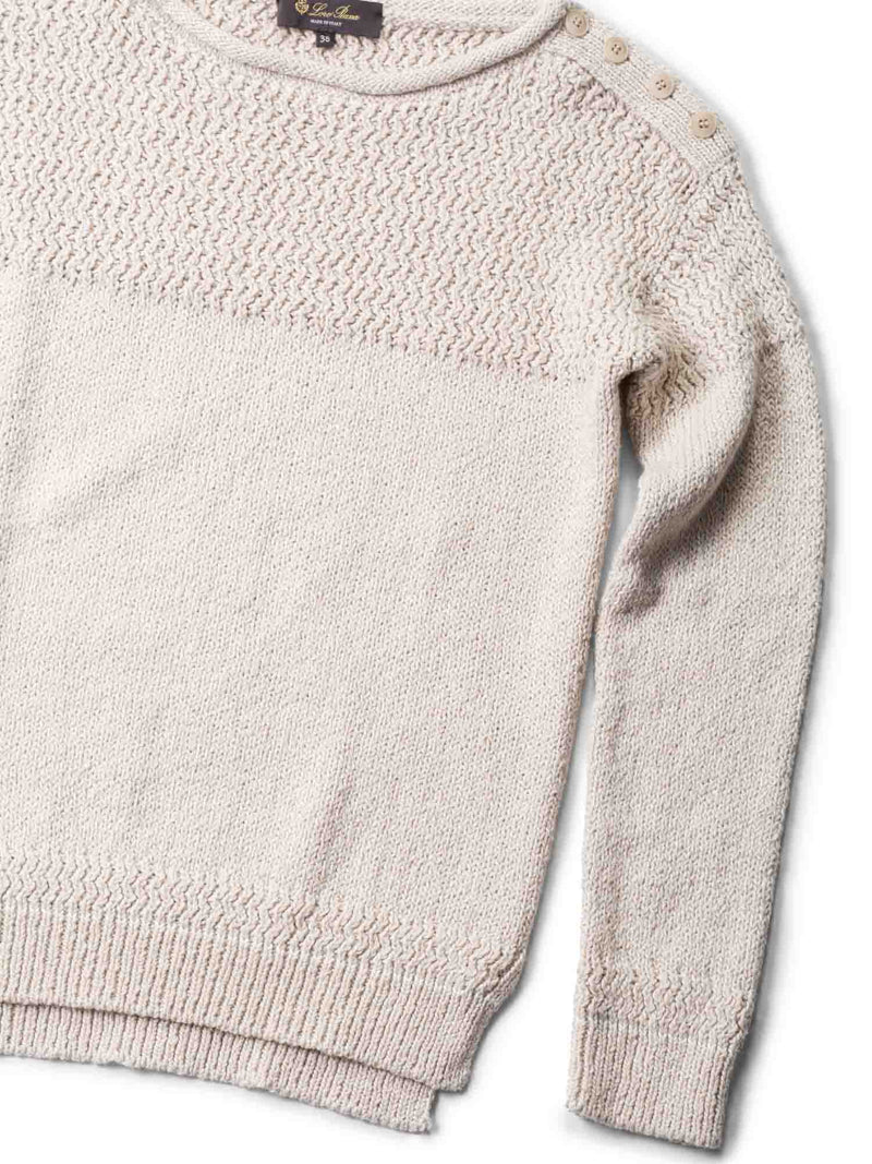 Loro Piana Cashmere Button Cable Knit Detail Sweater Ivory Taupe-designer resale