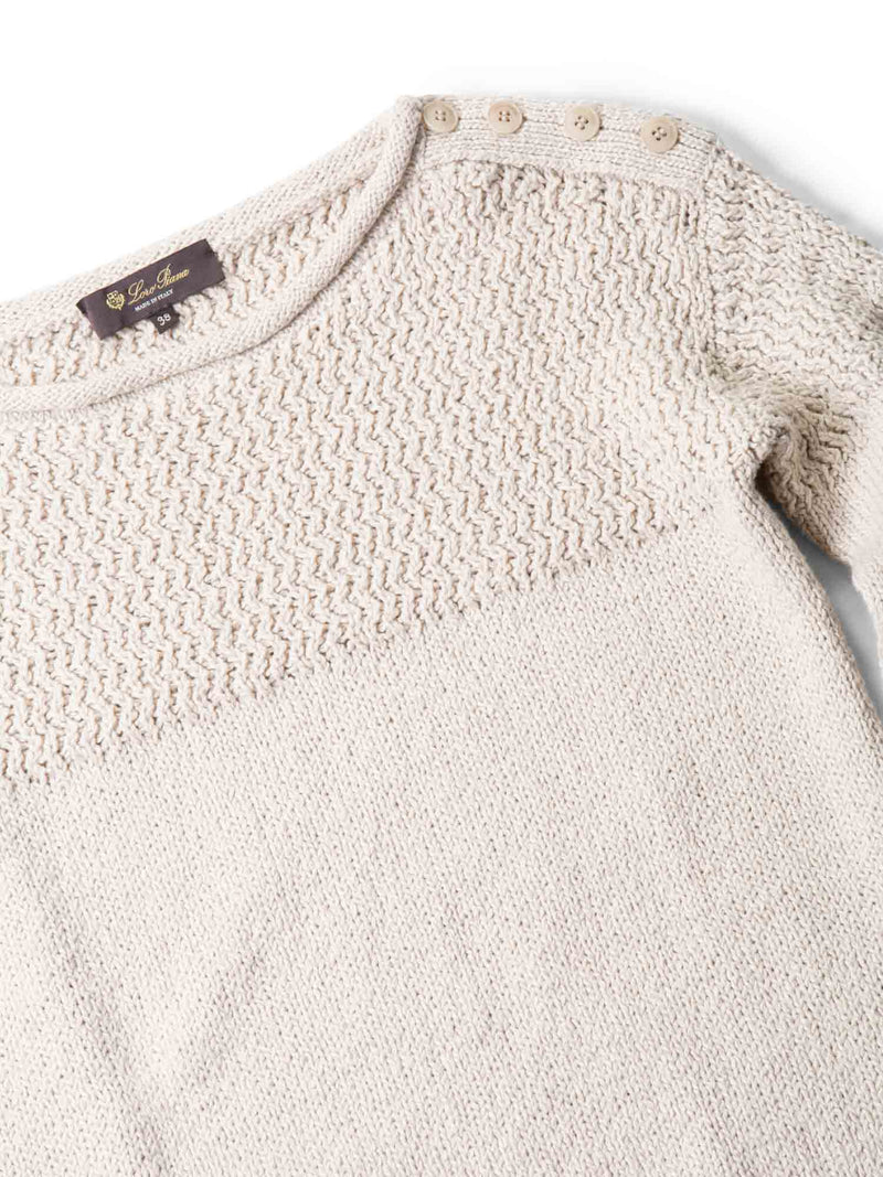 Loro Piana Cashmere Button Cable Knit Detail Sweater Ivory Taupe-designer resale