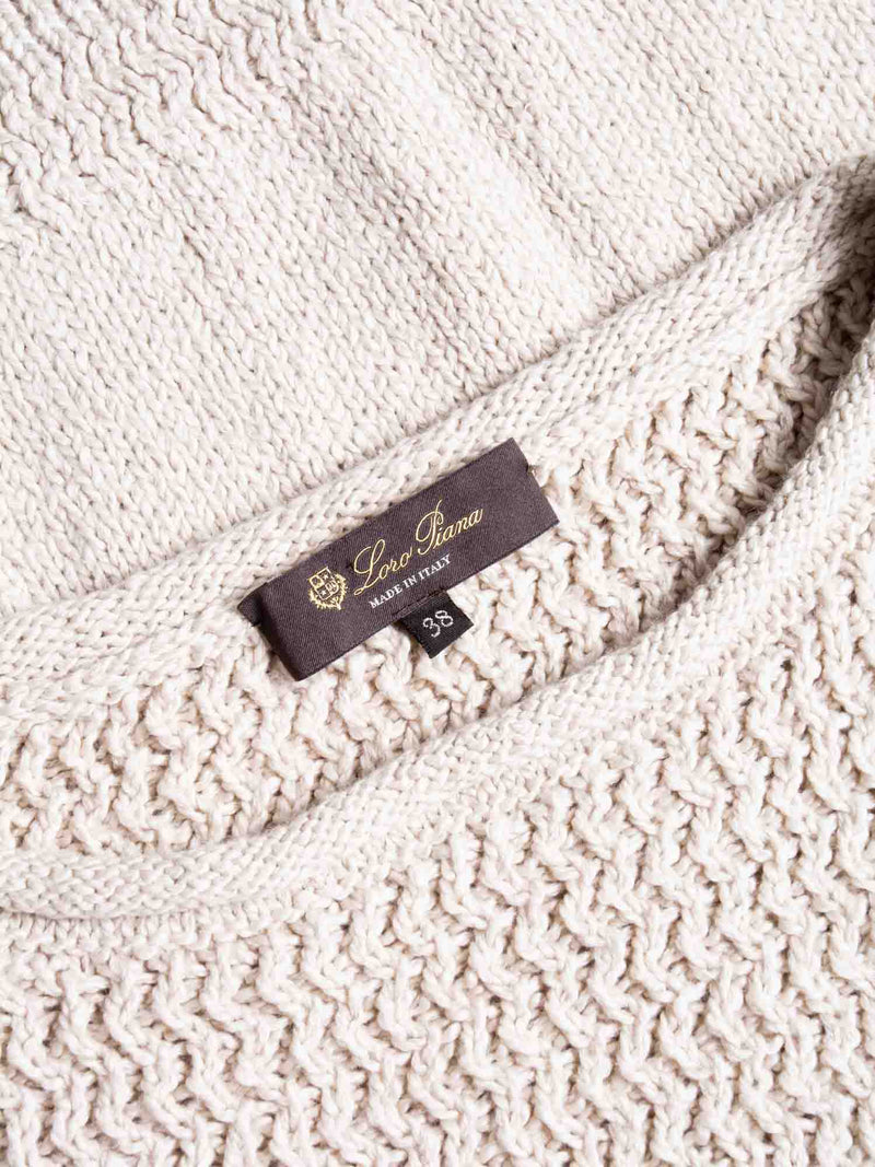 Loro Piana Cashmere Button Cable Knit Detail Sweater Ivory Taupe-designer resale