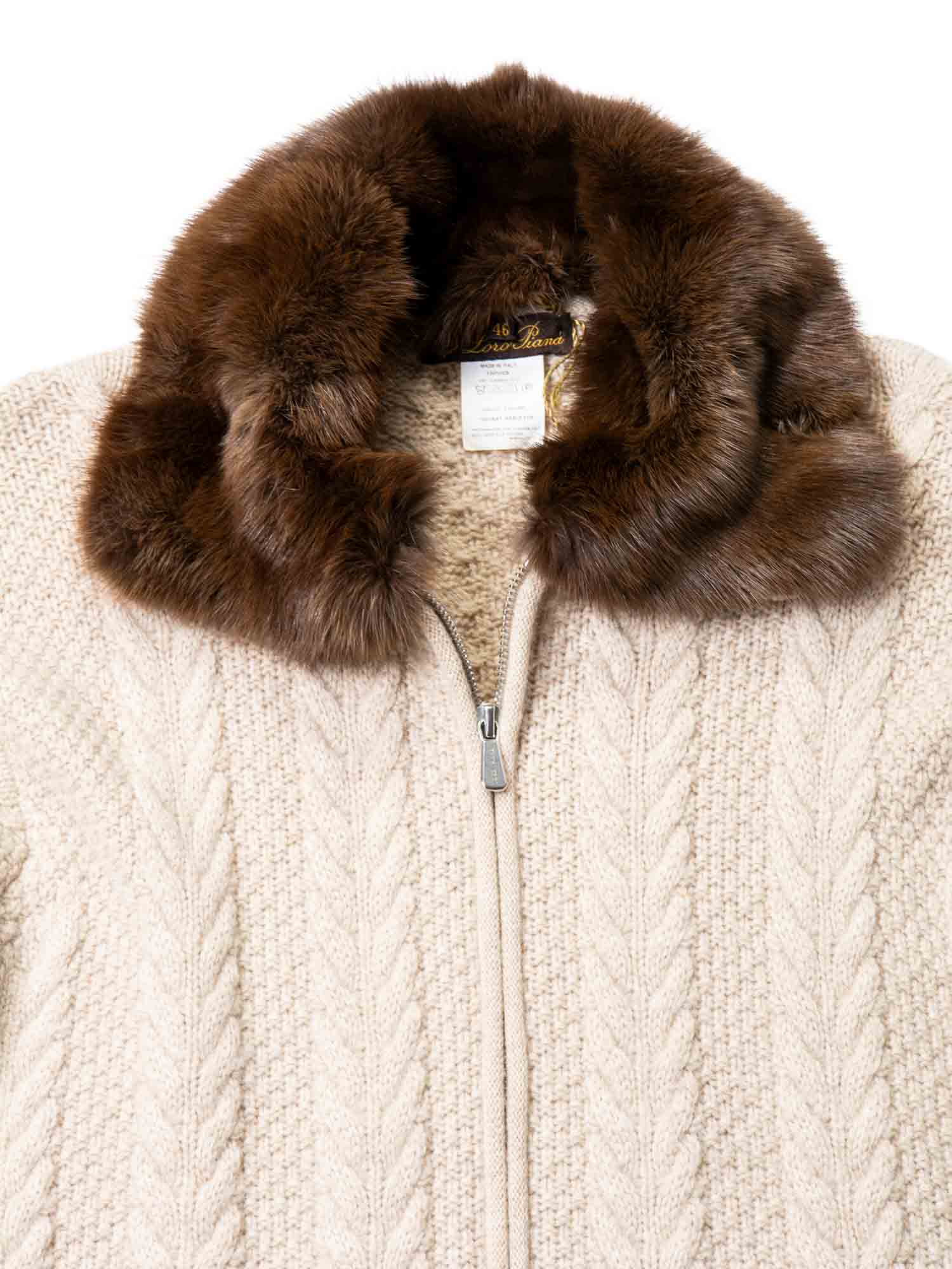 Loro Piana Logo Cableknit Sable Fur Collar Jacket Ivory-designer resale