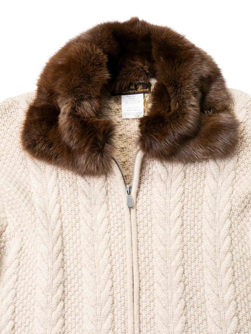 Loro Piana Logo Cableknit Sable Fur Collar Jacket Ivory-designer resale