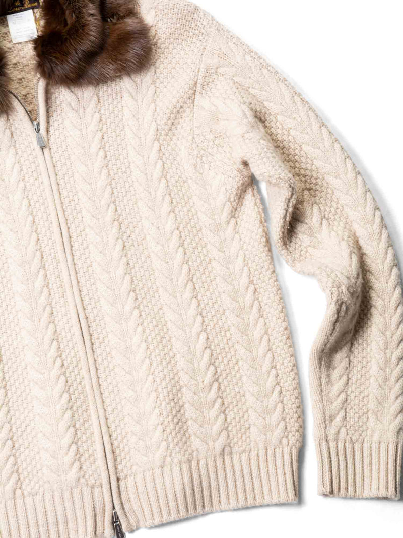 Loro Piana Logo Cableknit Sable Fur Collar Jacket Ivory-designer resale