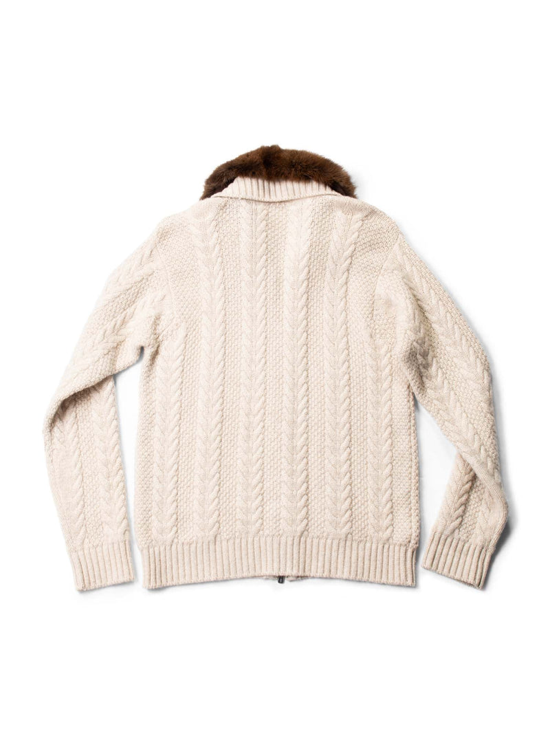 Loro Piana Logo Cableknit Sable Fur Collar Jacket Ivory-designer resale