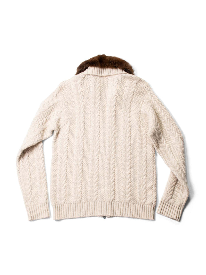 Loro Piana Logo Cableknit Sable Fur Collar Jacket Ivory-designer resale