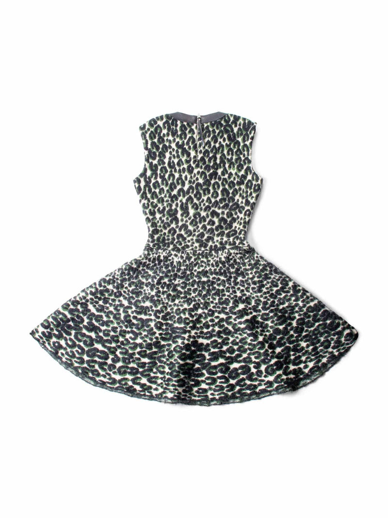 Louis Vuitton Logo Knit Animal Print Leather Trim A-Line Dress Green Black-designer resale