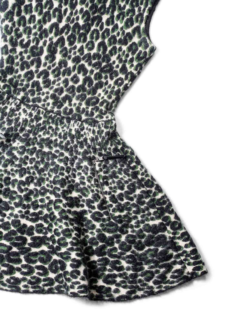 Louis Vuitton Logo Knit Animal Print Leather Trim A-Line Dress Green Black-designer resale
