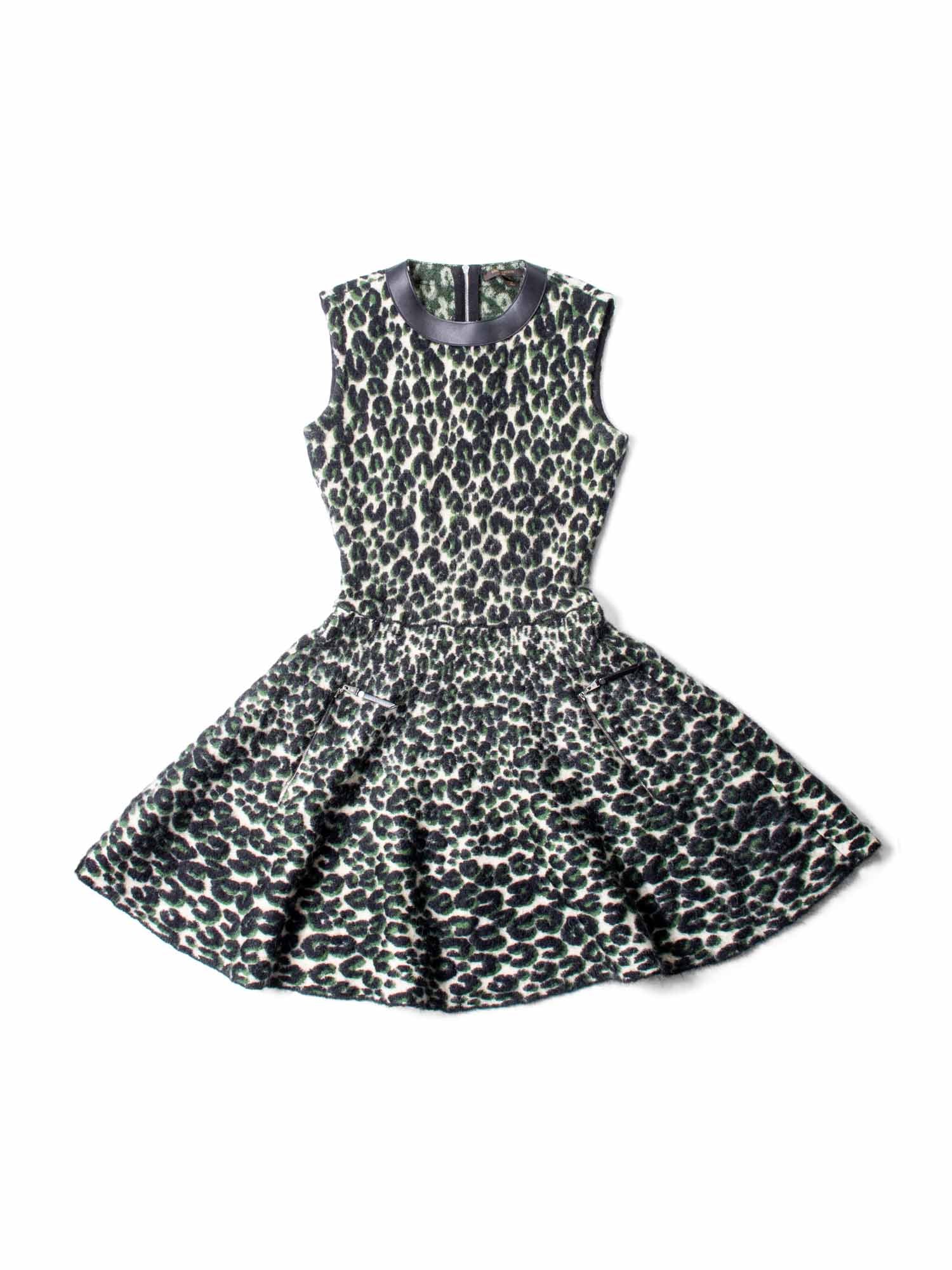 Louis Vuitton Logo Knit Animal Print Leather Trim A-Line Dress Green Black-designer resale