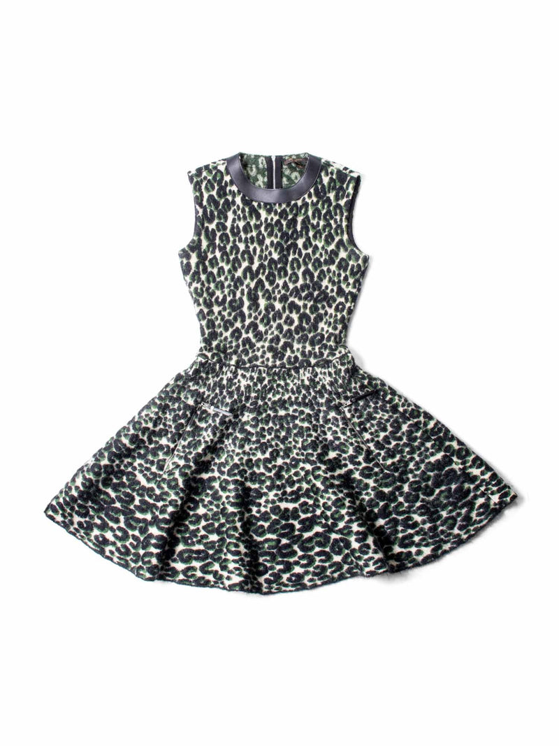 Louis Vuitton Logo Knit Animal Print Leather Trim A-Line Dress Green Black-designer resale
