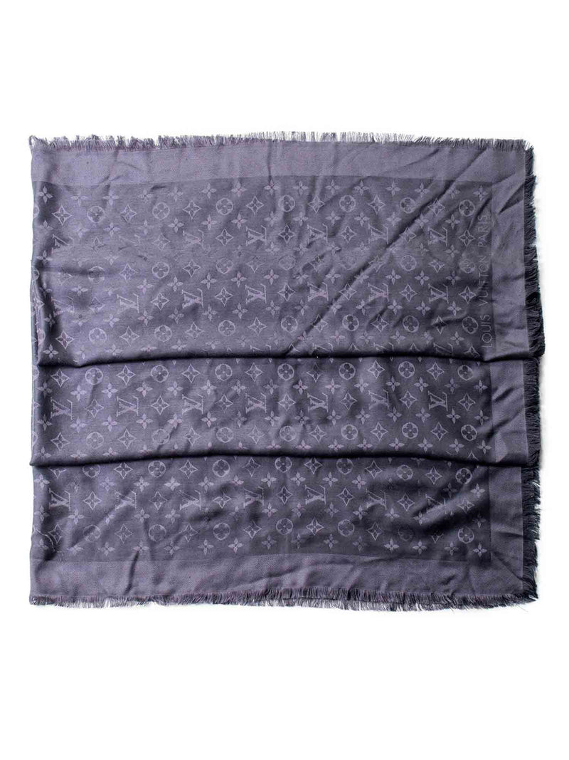 Louis Vuitton Silk Wool Monogram Shawl Navy Grey-designer resale