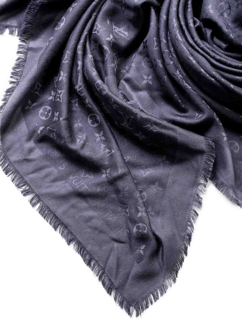 Louis Vuitton Silk Wool Monogram Shawl Navy Grey-designer resale
