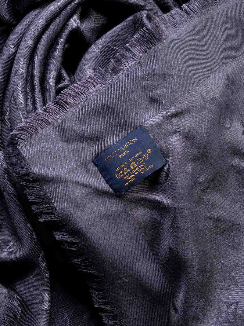 Louis Vuitton Silk Wool Monogram Shawl Navy Grey-designer resale