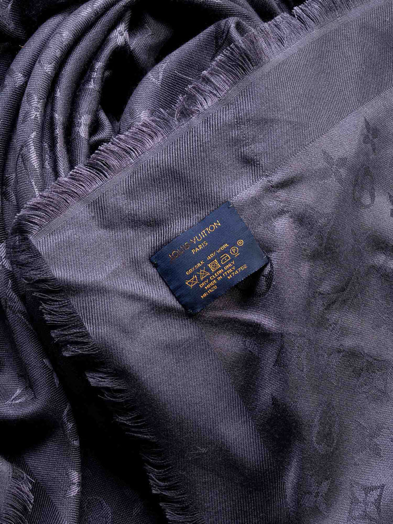Louis Vuitton Silk Wool Monogram Shawl Navy Grey-designer resale