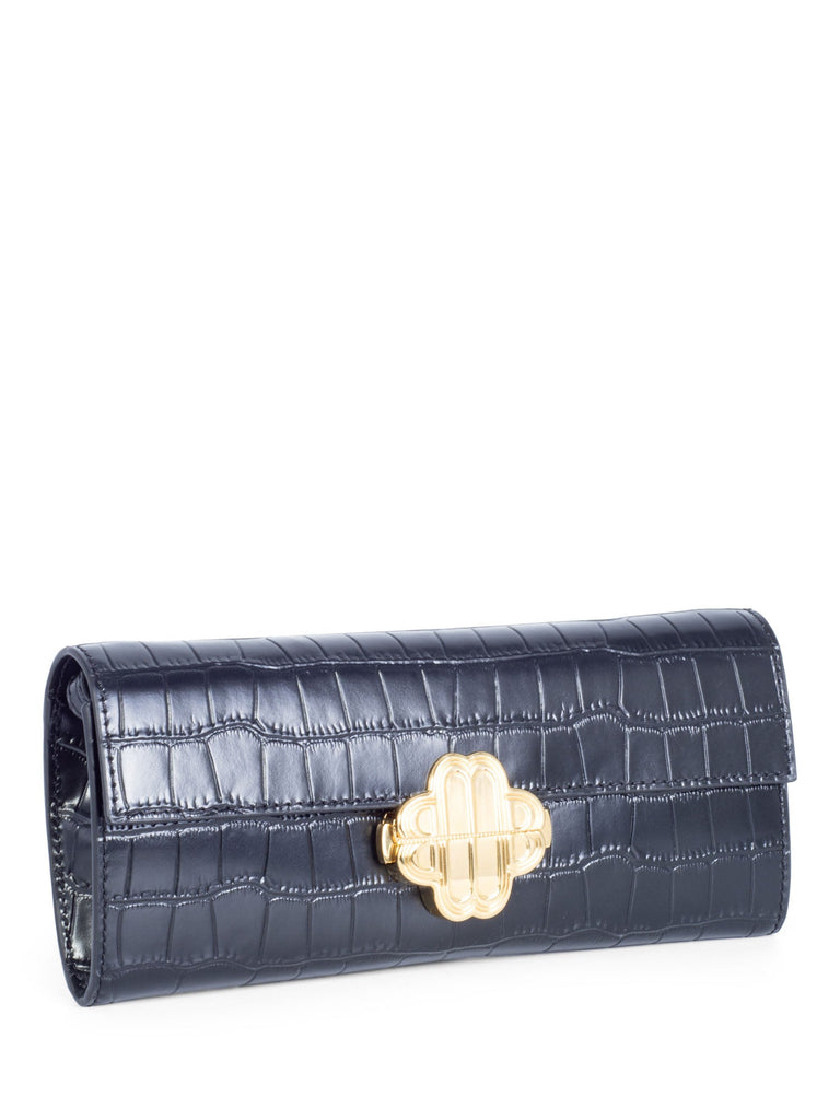 Maje Logo Croc Embossed Leather Wallet on Strap Black-designer resale