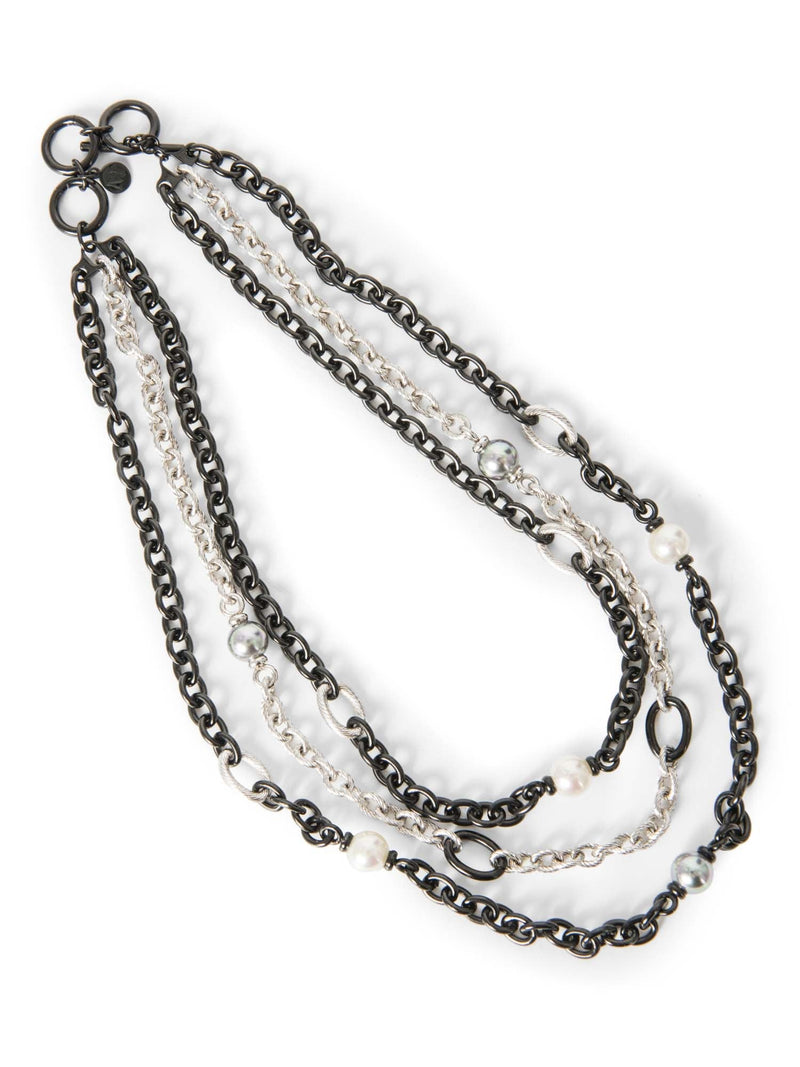 Majorica Sterling Silver Layered Pearl Necklace Silver Black-designer resale