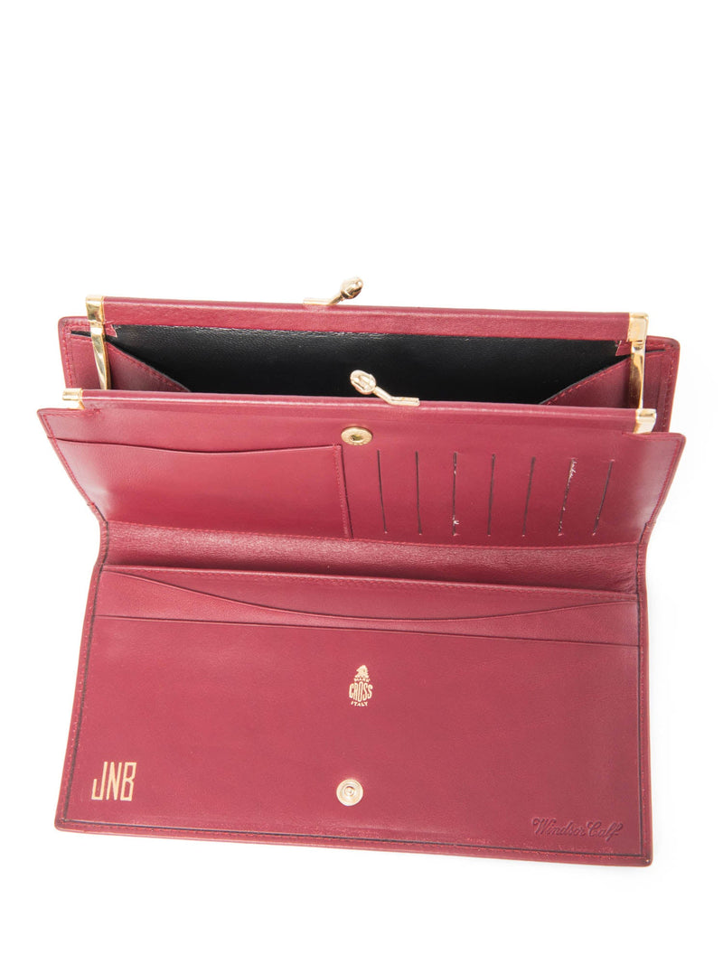Mark Cross Leather Kisslock Flap Wallet Burgundy Gold-designer resale