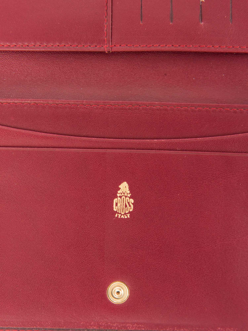 Mark Cross Leather Kisslock Flap Wallet Burgundy Gold-designer resale
