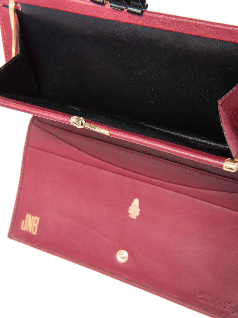 Mark Cross Leather Kisslock Flap Wallet Burgundy Gold-designer resale