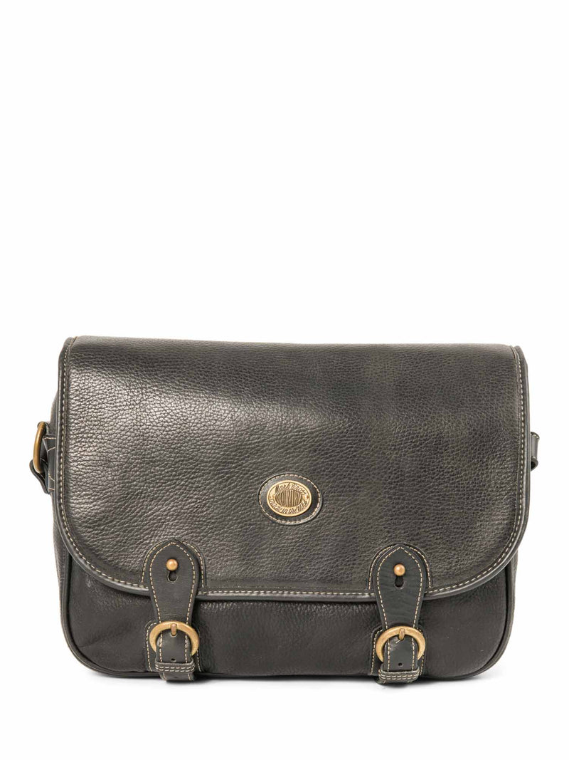 Mark Cross Pebbled Leather Buckle Messenger Bag Black-designer resale