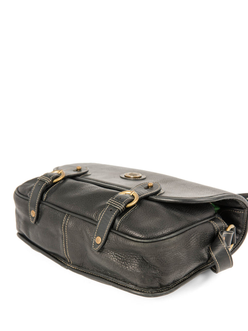 Mark Cross Pebbled Leather Buckle Messenger Bag Black-designer resale