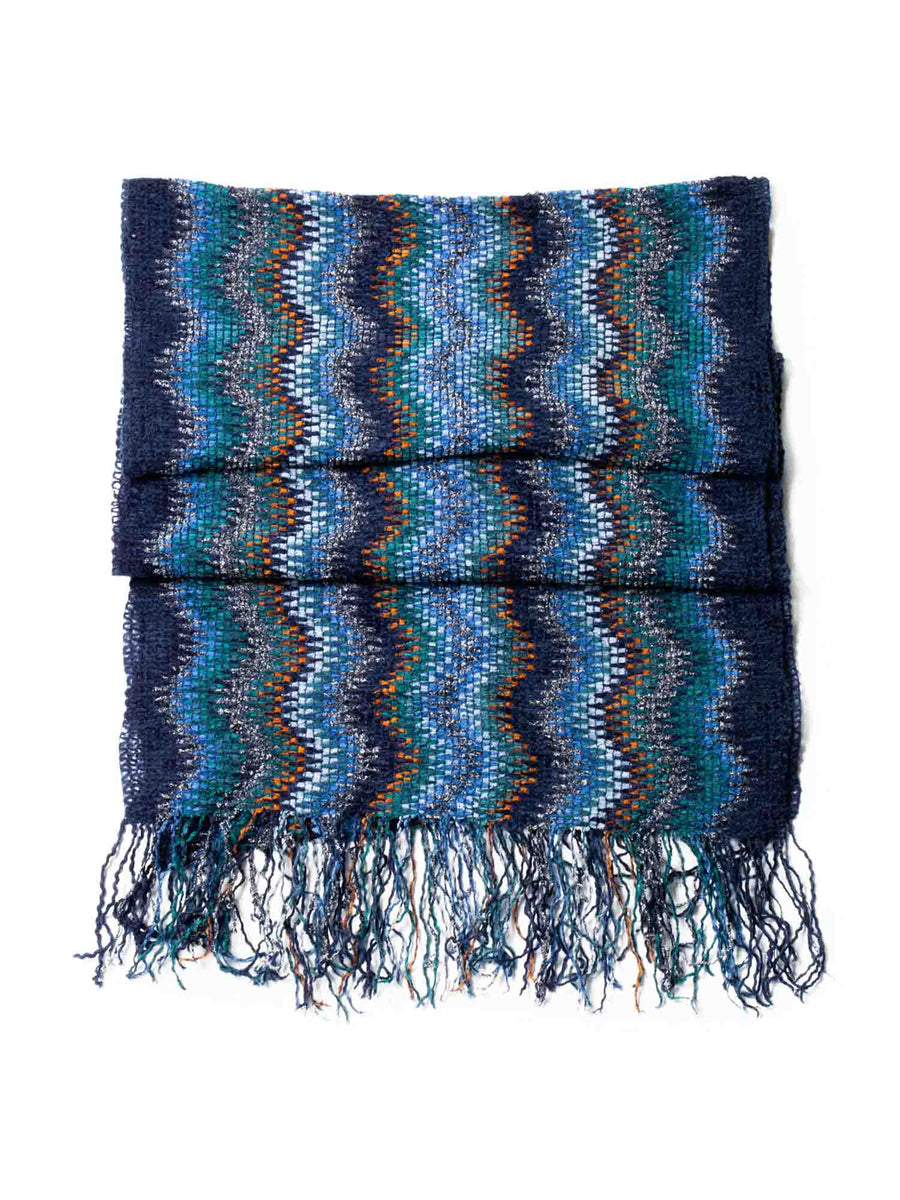 Missoni Hat & Scarf Set NWT 100% Cotton Blue Chevron Zigzag Made in Italy Missoni Wool Blend Unisex Zig Zag Chevron Blue Black Fringe  main image 3