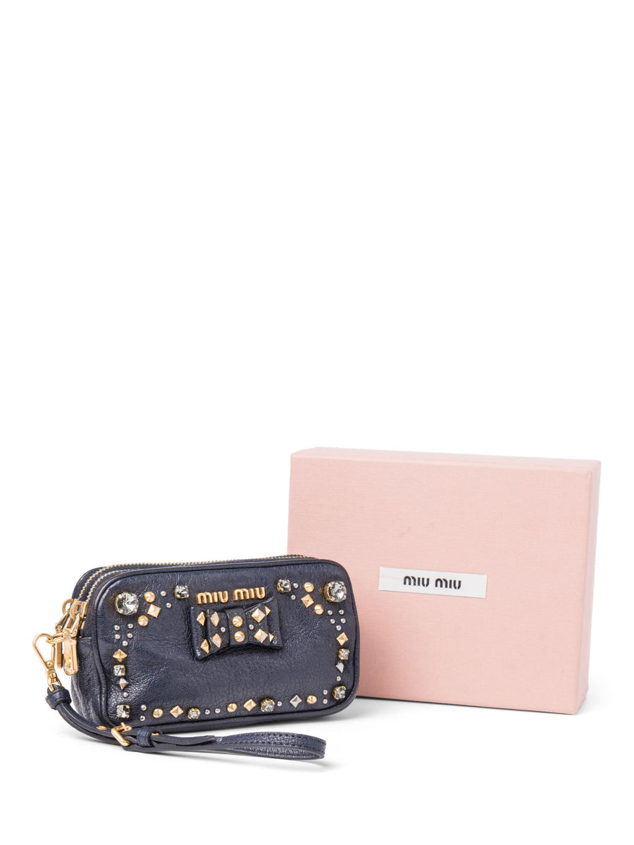 Miu Miu Logo Bedazzled Wristlet Clutch Navy Blue