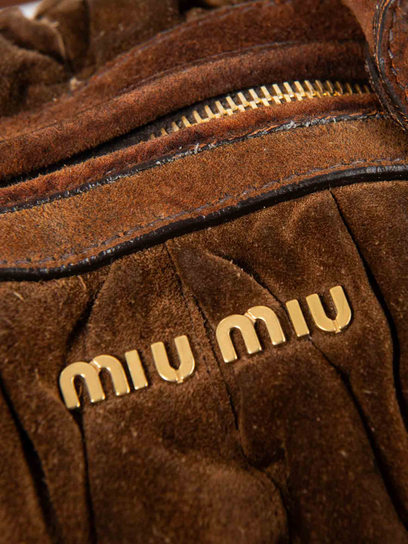 Miu Miu Logo Suede Ruched Top Handle Bag Brown-designer resale