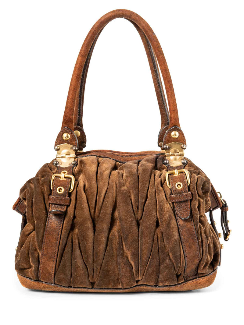 Miu Miu Logo Suede Ruched Top Handle Bag Brown-designer resale