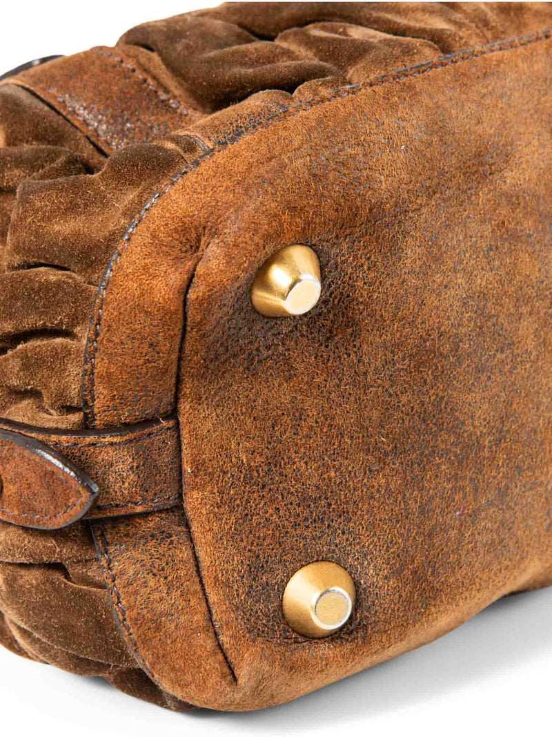 Miu Miu Logo Suede Ruched Top Handle Bag Brown-designer resale