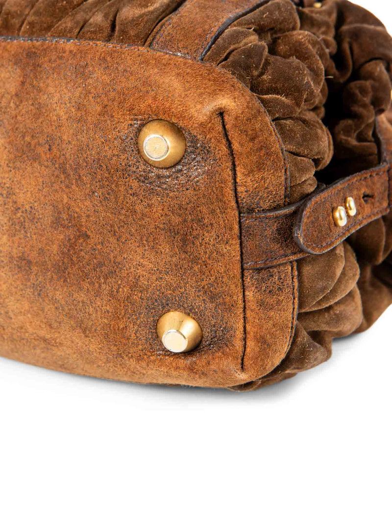 Miu Miu Logo Suede Ruched Top Handle Bag Brown-designer resale