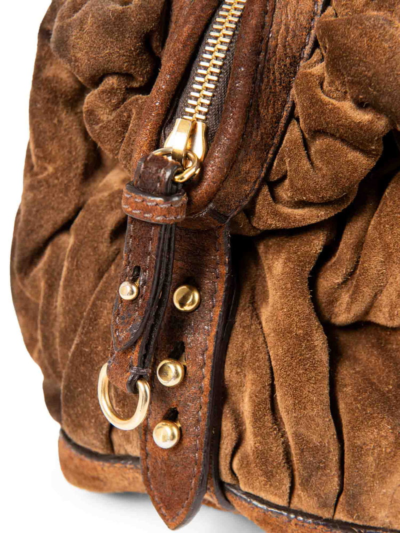 Miu Miu Logo Suede Ruched Top Handle Bag Brown-designer resale
