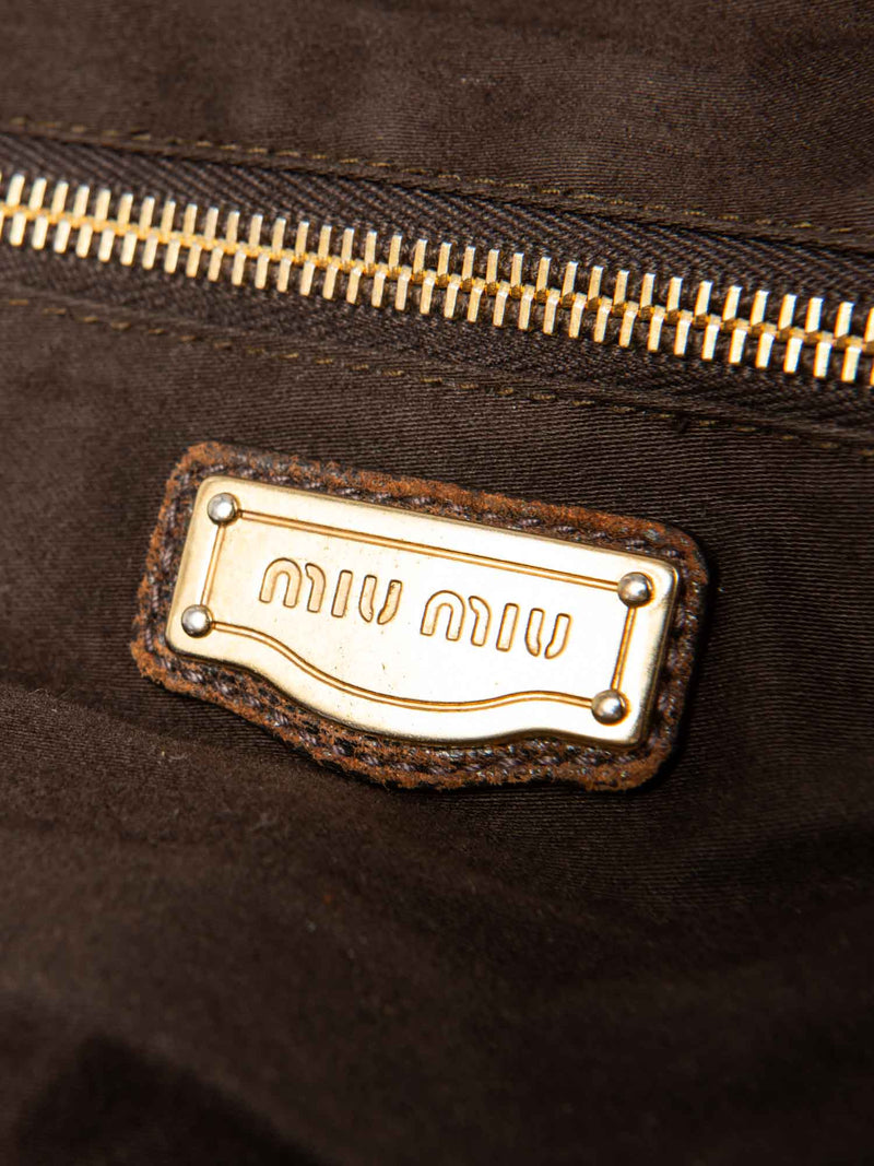 Miu Miu Logo Suede Ruched Top Handle Bag Brown-designer resale