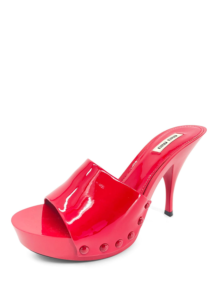 Miu Miu Patent Leather Platform Heel Clogs Red