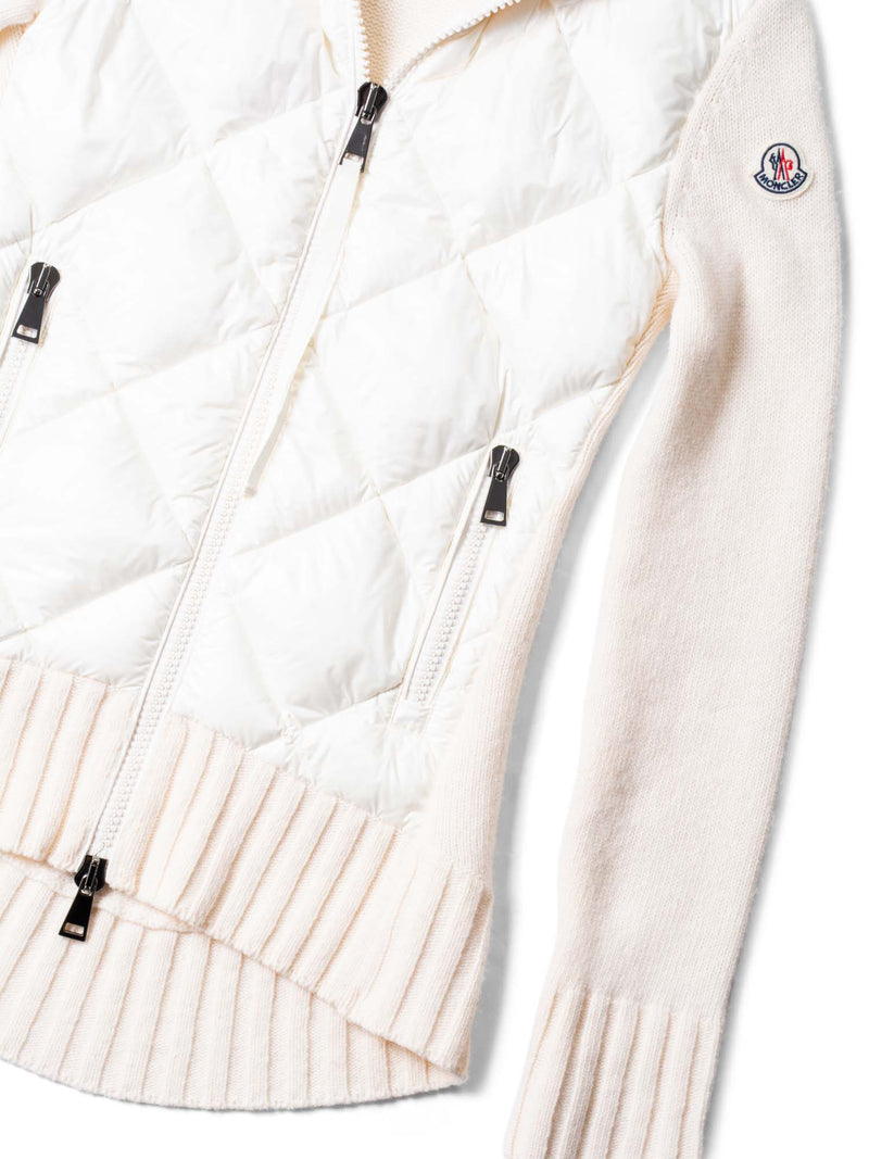 Moncler Logo Quilted Down Wool Zippered Asymmetrical Sweater Jacket Ivory-designer resale