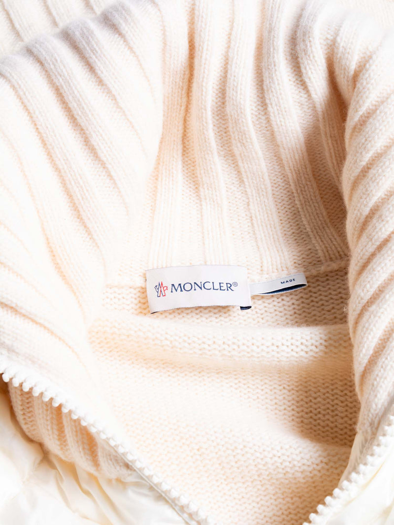 Moncler Logo Quilted Down Wool Zippered Asymmetrical Sweater Jacket Ivory-designer resale