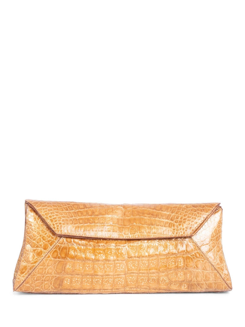 Nancy Gonzalez Shiny Crocodile Flap Clutch Gold Brown-designer resale