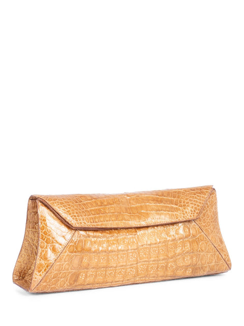 Nancy Gonzalez Shiny Crocodile Flap Clutch Gold Brown-designer resale