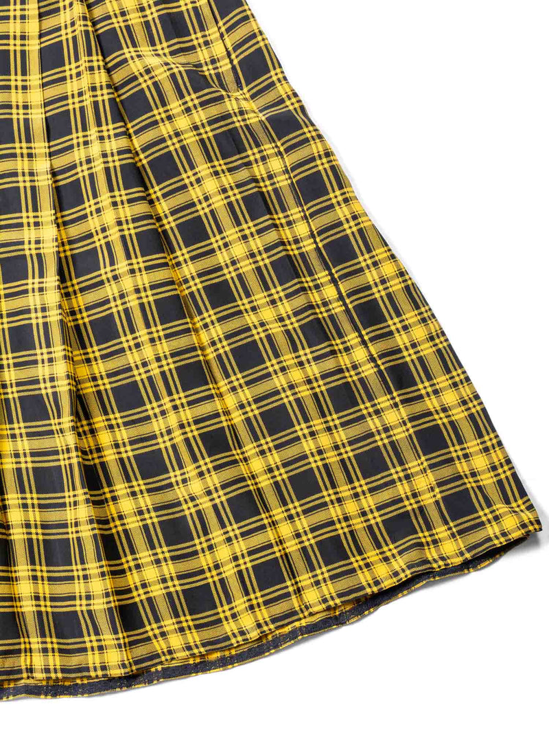 Oscar De la Renta Vintage Plaid Pleated Silk Skirt Yellow Black-designer resale