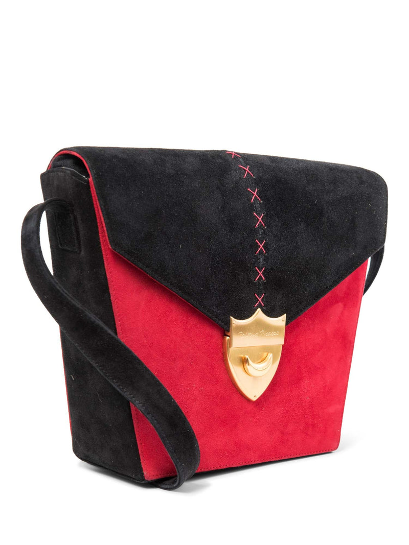 Paloma Picasso Vintage Suede Logo Stitched Shield Clasp Messenger Bag Red Black-designer resale
