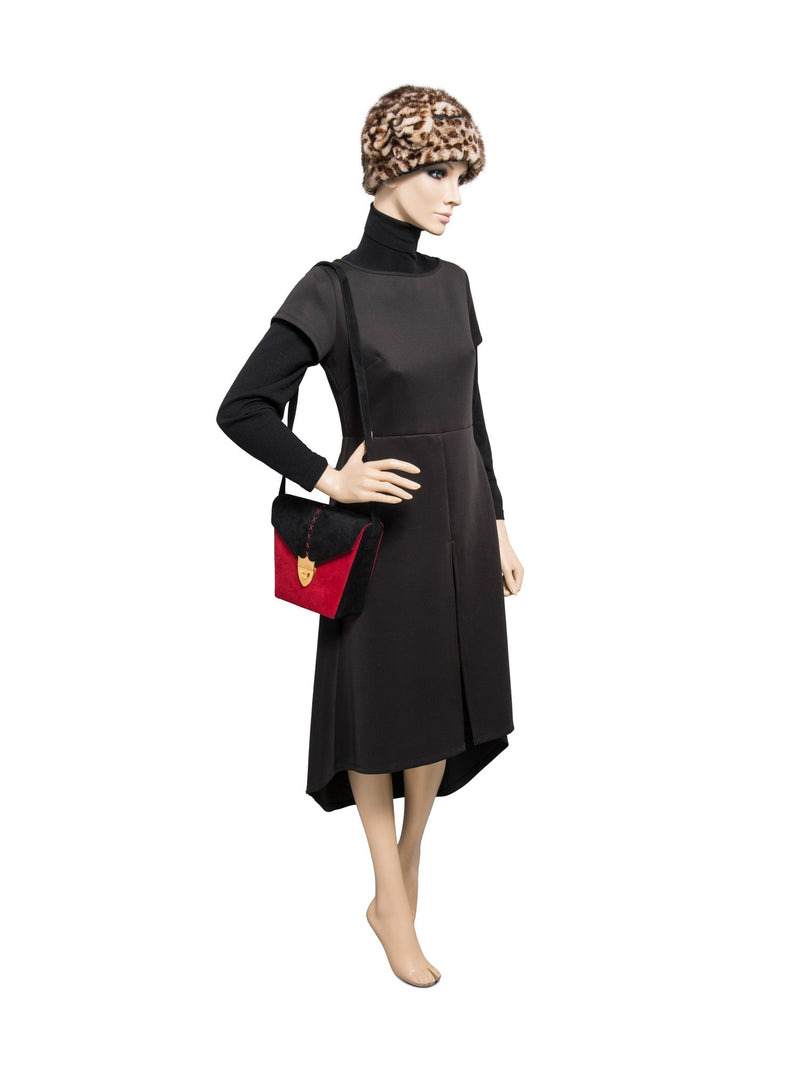 Paloma Picasso Vintage Suede Logo Stitched Shield Clasp Messenger Bag Red Black-designer resale