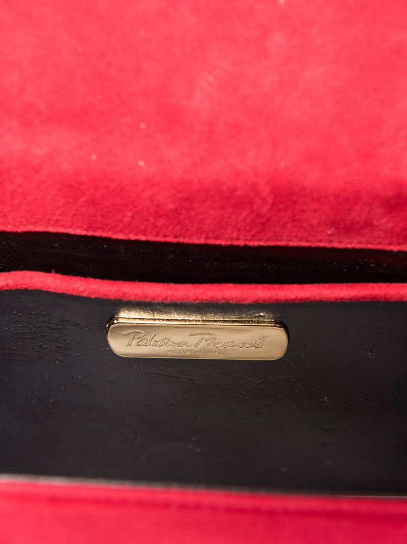 Paloma Picasso Vintage Suede Logo Stitched Shield Clasp Messenger Bag Red Black-designer resale