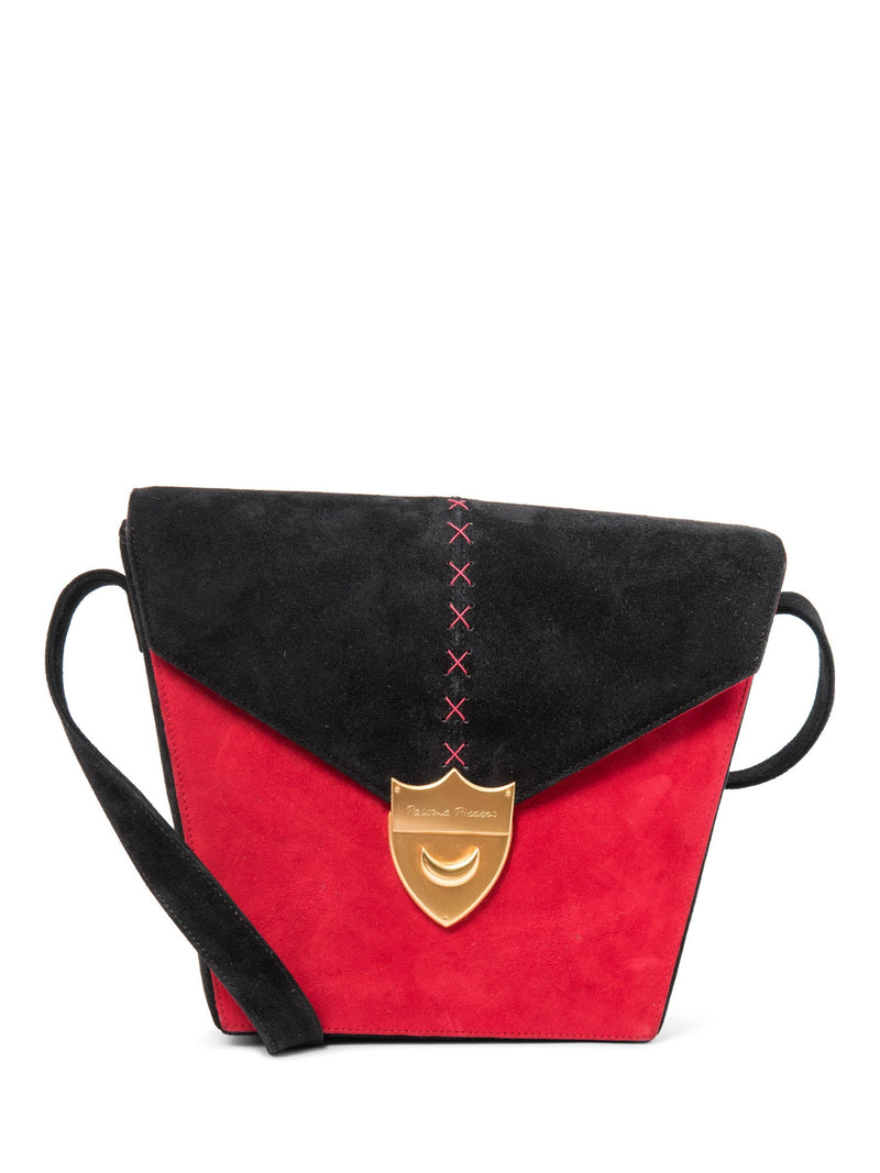 Paloma Picasso Vintage Suede Logo Stitched Shield Clasp Messenger Bag Red Black-designer resale