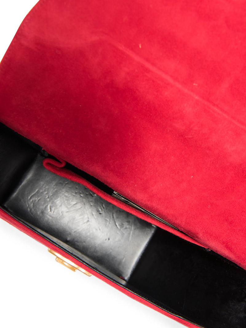 Paloma Picasso Vintage Suede Logo Stitched Shield Clasp Messenger Bag Red Black-designer resale