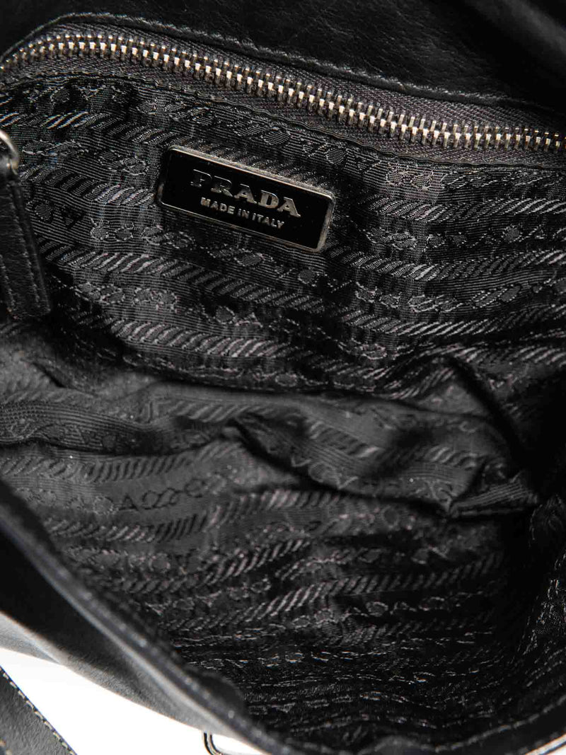 Prada Leather Logo Leather Flap Belt Bag Black Silver-designer resale