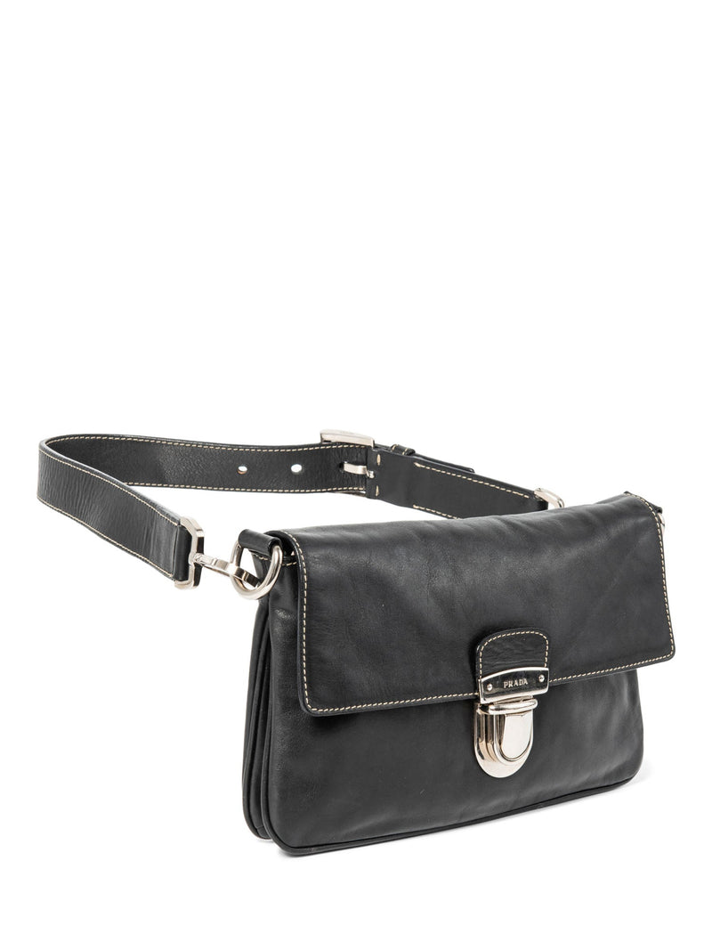 Prada Leather Logo Leather Flap Belt Bag Black Silver-designer resale