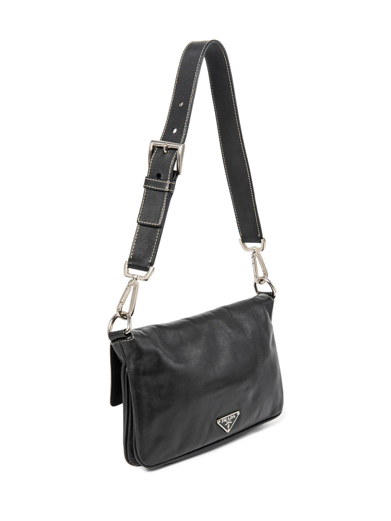 Prada Leather Logo Leather Flap Belt Bag Black Silver-designer resale